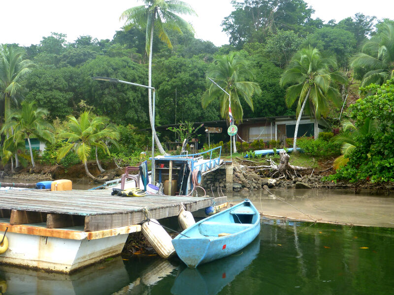 The image shows a serene coastal scene. A wooden dock extends into calm water, with a small blue boat moored alongside. Lush green vegetation, including palm trees, frames the background, suggesting a tropical location. A building is visible amidst the trees. The overall impression is one of tranquility and natural beauty.